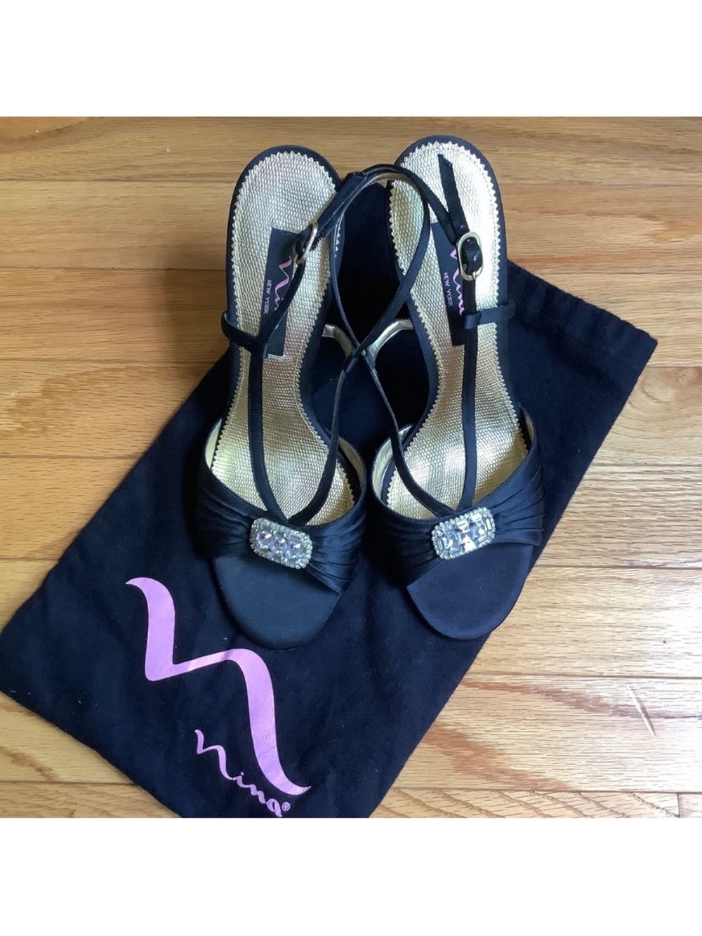 Nina Destiny Formal Black Satin Jeweled Slingback Heeled Sandals SZ 9.5